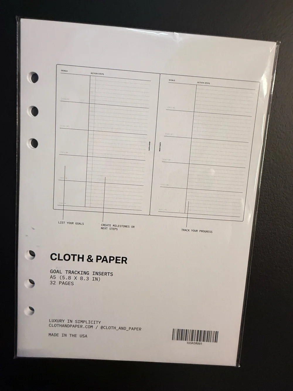 Cloth & Paper Goal Tracking Inserts - Home Office Planner Refill A5